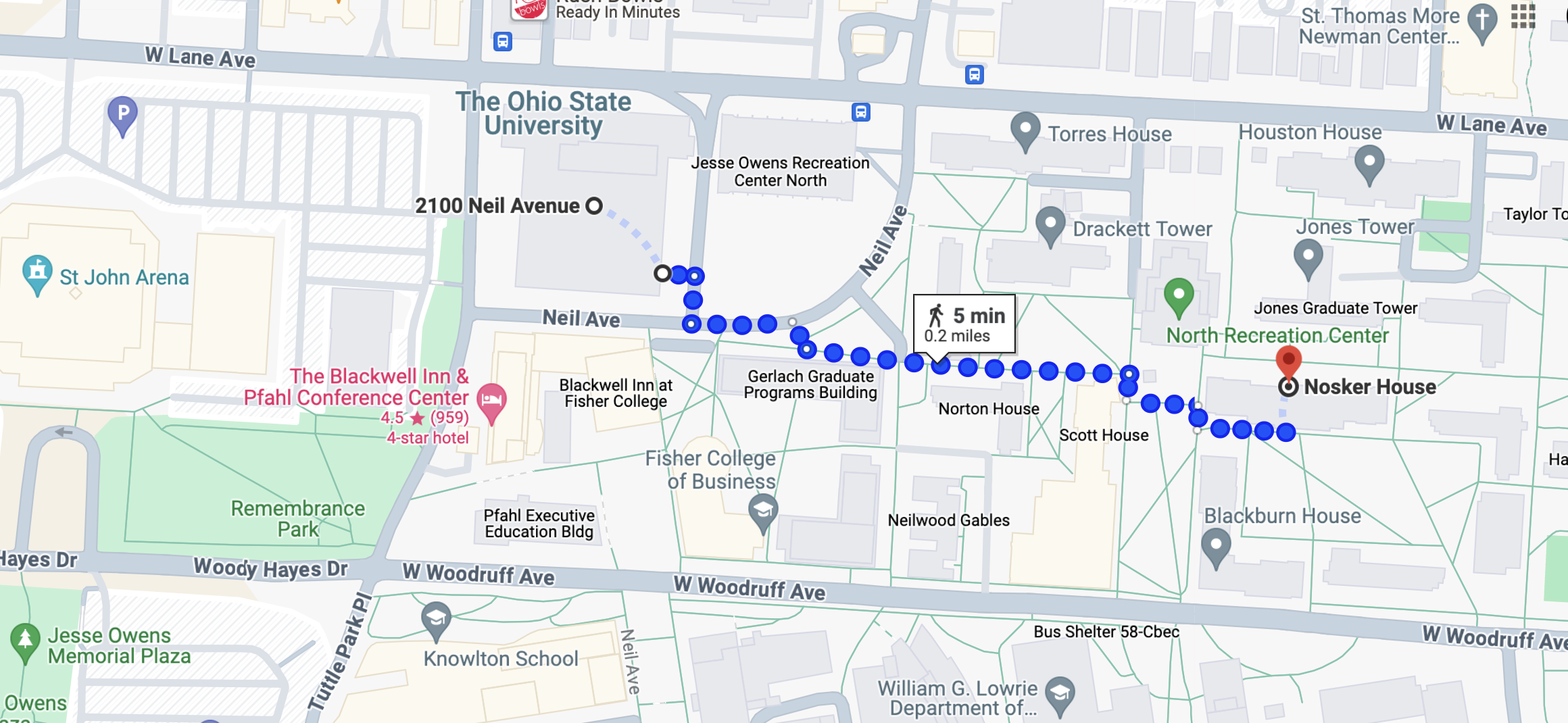 Walking map from Lane Ave. Garage to Nosker House